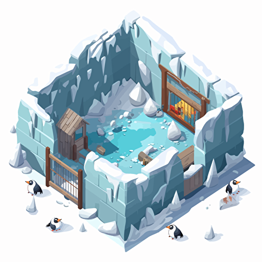 isometric cartoon vector style image of an icy enclosure, dirty, broken, no animals