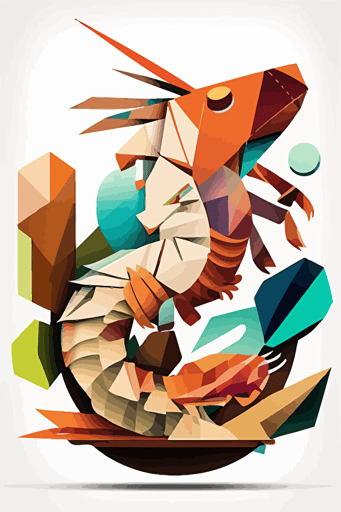 create a sticker about shrimp in the artistic style of cubism, vector illustration, with bright brown colors, creative illustration, on white background