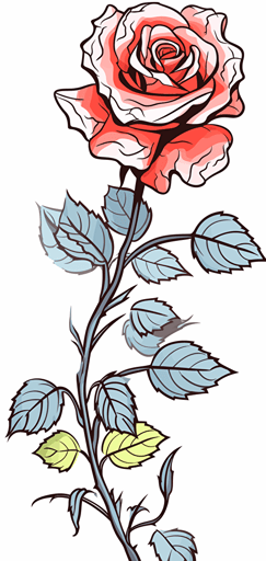 2d colorful single rose black outline transparent background vector