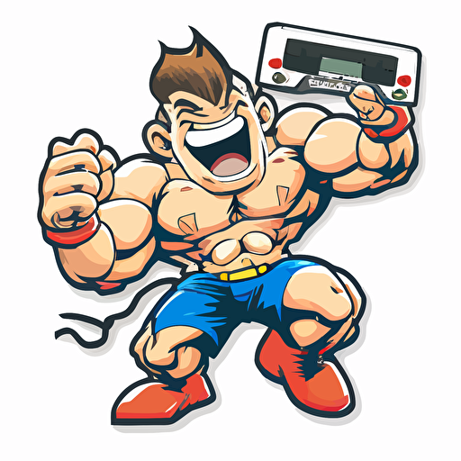 a muscular video gamer, Sticker, Happy, Adorable, Primary Color, Cartoon, Contour, Vector, White Background, Detailed,