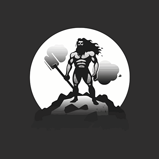 vector business logo, black and white, cave man with spear standing under a lighting filled cloud.