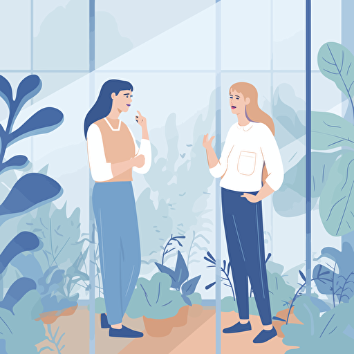 Two people in business casual clothing, talking to each other in an engaging conversation, in an office setting with plants in the background. flat style illustration for business ideas, flat design vector, industrial, light color pallet using a limited color pallet, high resolution, engineering/ construction and design, colored cartoon style, light indigo and light gold, cad( computer aided design) , white background