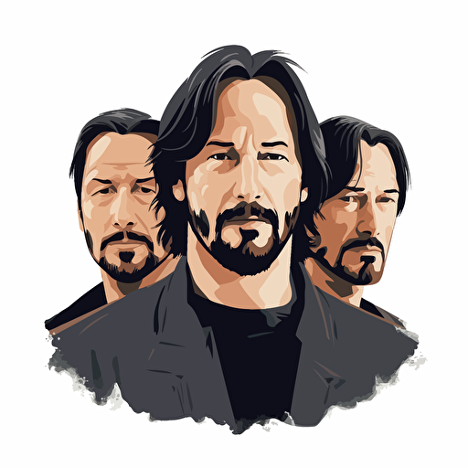 three heads of jeanu reeves next to one another on a white background. far left is a yound keanu middle head he is middle age and in the right one he is older. make them in the style of a vector illustration
