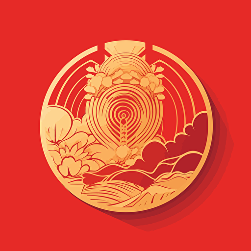 a vector drawing of a golden medalon a red background, flat colors, japanese, sophisticated, beautiful