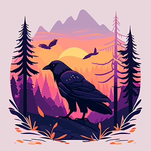 a raven on forest trail. forest, mountain line, sunset. Cute, happy, vector, game design.