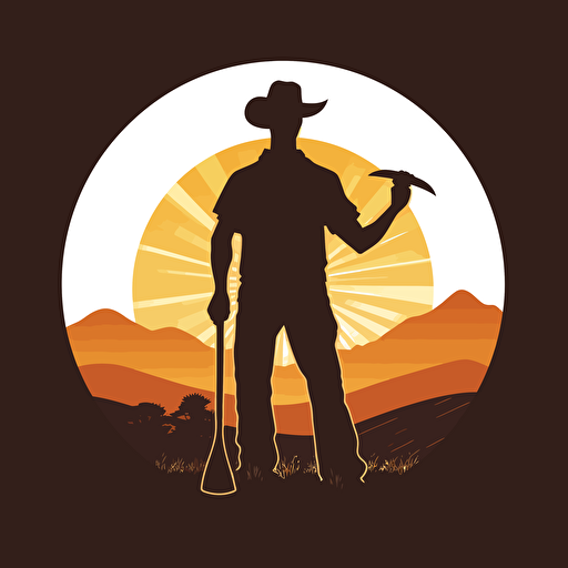 simple vector art of sun, silhouette of farmer holding axe, support local farmer.