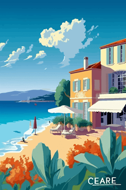 flat vector art, Vivid color, Cote d'azur, Kenneth Crane illustration | travel poster featuring | Cote d'azur| ocean, beach, house, Wide angle