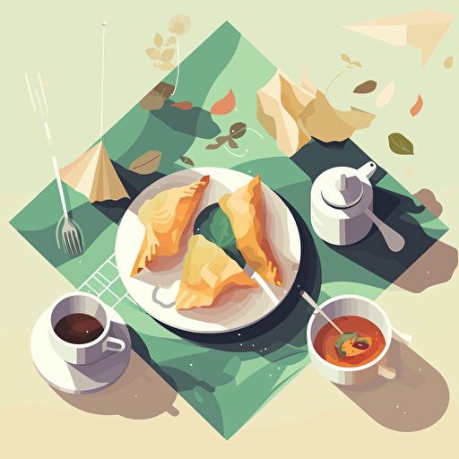 Flat Vector Illustration of Samosa and Tea in a Parisian Table setting, Style of Malika Favre. Use only 4 Colours. Strong Light and Shadow.