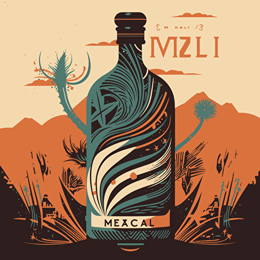 a vector image of a modern mezcal bottle label with a unique and eye-catching design. The label is made of high-quality materials and is printed with a variety of textures and materials. The design is inspired by the diverse landscape of Mexico, and includes elements such as sand dunes, volcanoes, and rainforests. The label also includes the name of the mezcal, the type of agave used, and the region where it was produced. The overall effect of the label is one-of-a-kind, and it is sure to be a conversation starter.