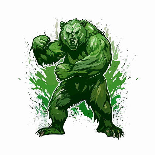 Logo, vector, green grizzly standing up, facing the camera, lashing its claw to the camera, white background