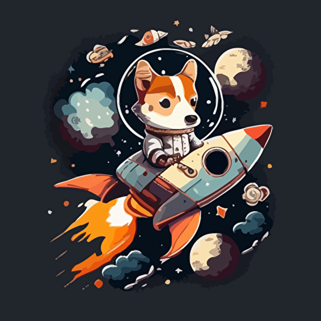 Vector illustration of cute wolf in spacesuits, a dog in a spacesuit is also floating near spaceship , The background includes stars and spacecraft in space,This design conveys the mysterious and fascinating world of outer space while also incorporating the cuteness of a dog, resulting in a unique and captivating design, no flame