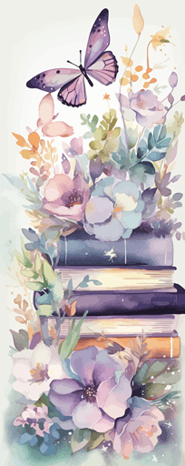 watercolor vector art, pastel colors, abstract, pretty books, butterflies, purple, flowers, plants,