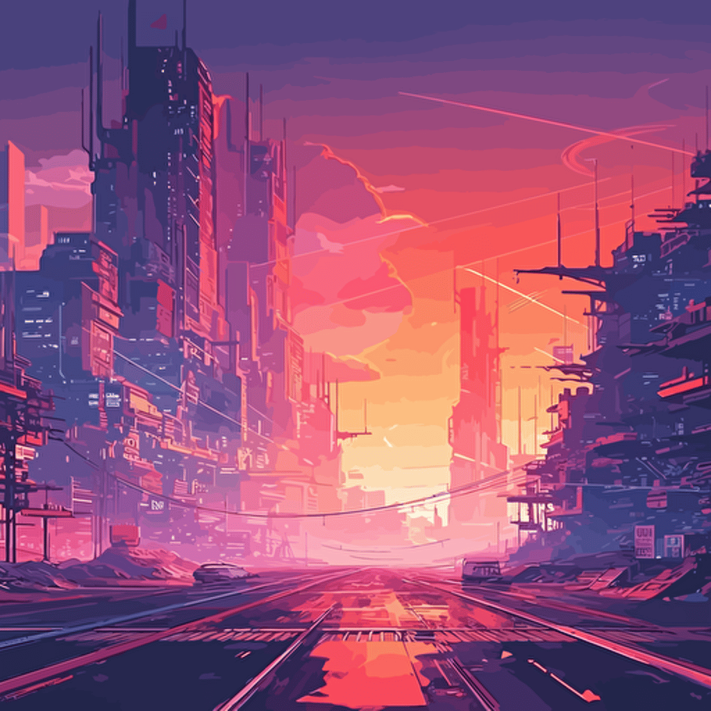 An anime landscape cyber punk, 5D, robotic, Flare, Volumetric Lighting vector