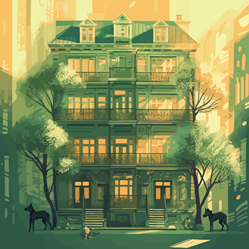an illustration of a two story multifamily building, with green oak trees, a cat, sun, limited color pallete, beautiful, detailed, vector, svg, shadows, highlights, inspired by art by andrey propenko,