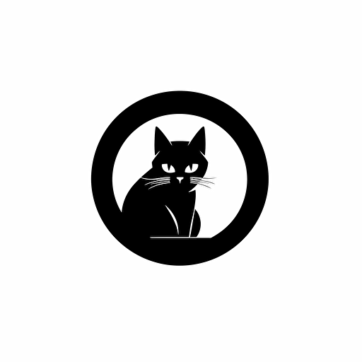 cat logo black and white, very introverted, circle, simple vector, illustrator, white background, full HD