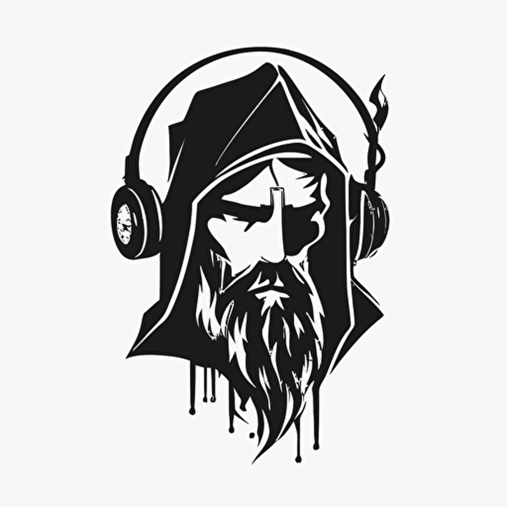 minimalistic pop art iconic logo of wizard wearing headphones, black vector, on white background