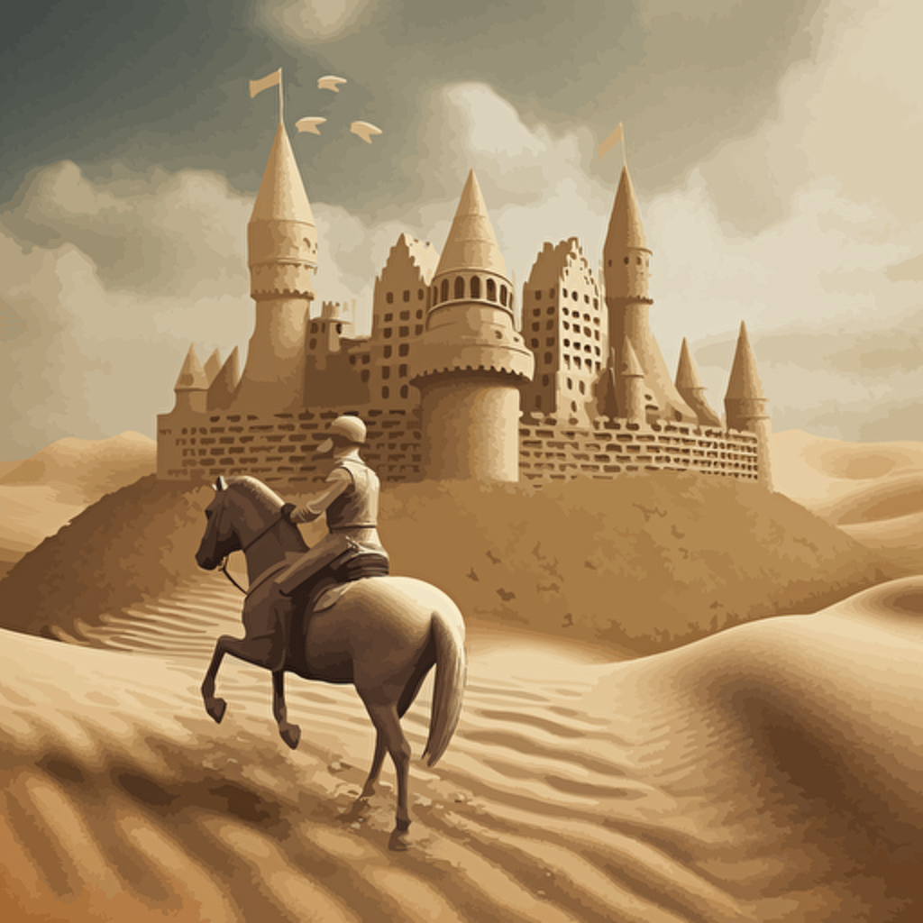 A knight made of sand, riding a tall horse, also made of sand, galloping on the desert. The wind blows and there are many sand particles around him. The background is a castle made of sand, with a square castle and a tall tower in the middle. There are small towers and walls on the left and right sides. Infinite region, in the style of surprise influence, ahmed morsi, precision influence, dynamic balance, vectorialism influence