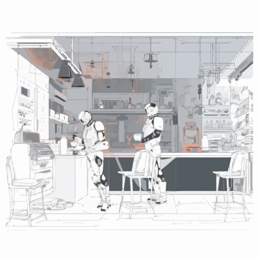2D vector coffee shop in minimalism cyberpunk style. Colors: FB6B00 and 000000. Background white