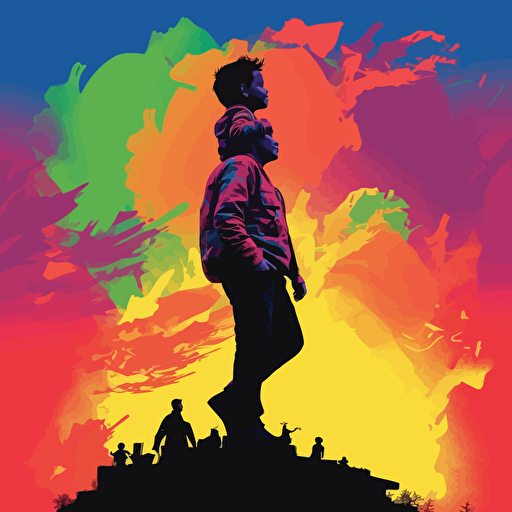 vector art, silouhette, a little boy sitting on his dad's shoulders, fun colors and kid friendly vibes.