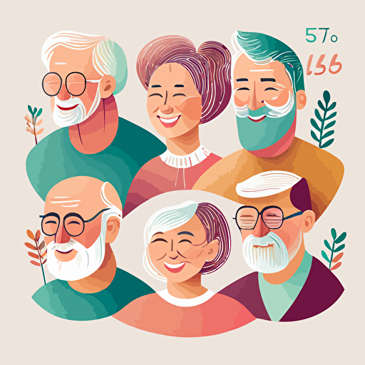 a group of 50 years old people working on a community project, smiling, pastel colours, abstract vector illustration well defined style