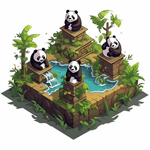 isometric cartoon vector style image of bamboo square platform with multiple pandas