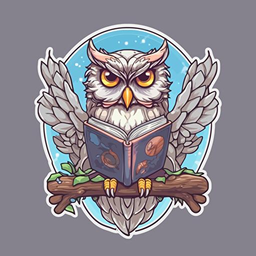 an owl reading a book, vector, cute illustration for sticker, illustrator, gray background, high resolution,