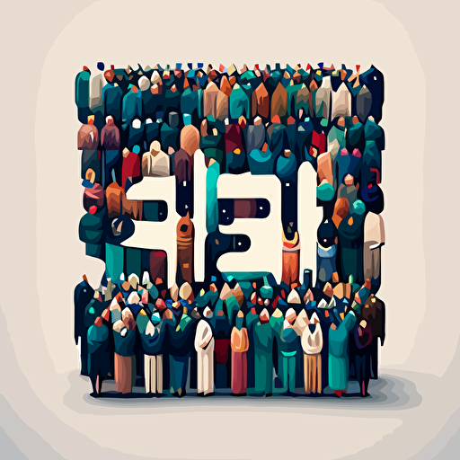 Large group of people standing together forming "Happy EID" word flat vector illustration business team work