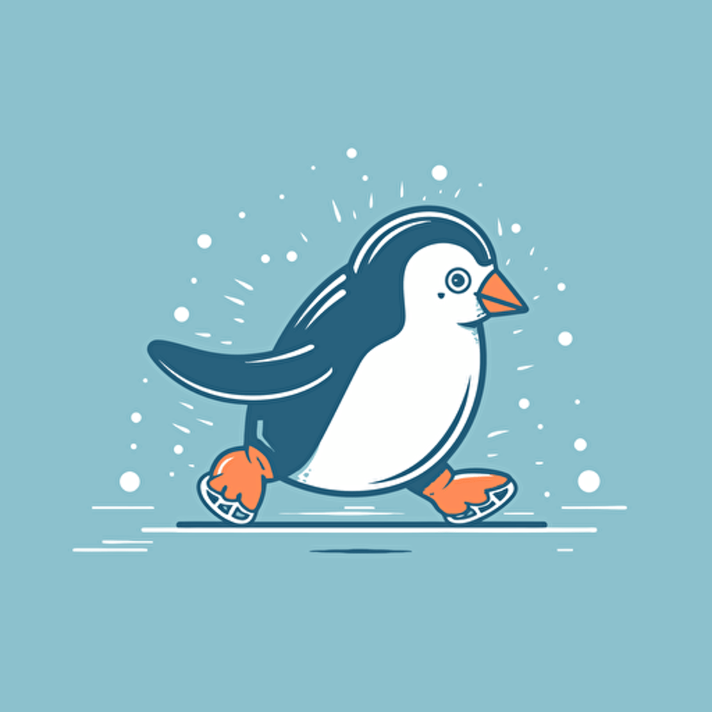 Penguin, Ice Skating, Minimalist, Graceful, Cool Lighting, Comic vector illustration style, flat design, minimalist logo, minimalist icon, flat icon, adobe illustrator, cute, Simple