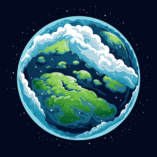 the world seen from space with clouds around it, green and blue planet, clouds are white, vector art, cartoon, background should be solid black