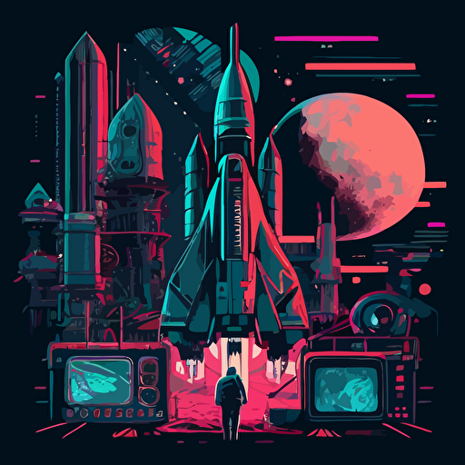 cyberpunk. nasa, vaporwave, rocket, launchpad, moon, symmetrical, vector