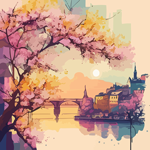 landscape, medieval paris overlooking the thames, urban sketch, travel drawing, pen drawing, watercolor painting, architecture drawing, cherry blossoms, vector:: style of mondrian, henry ossawa tanner, lisa frank