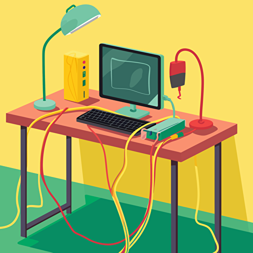 light and colorful vector image showing extension cords plugged into a a latop sitting on a desk