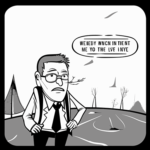 businessman in the forest looking for a way, illustration, black and white vector style, business coaching context