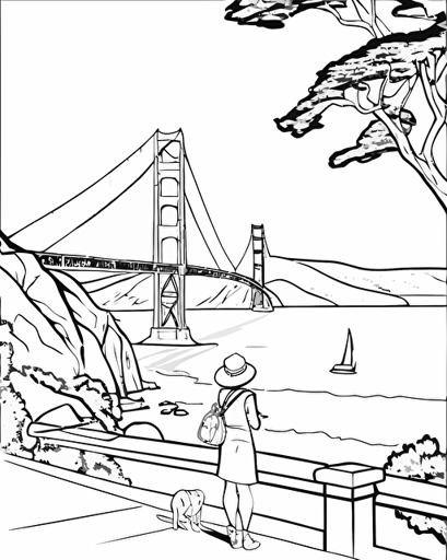 coloring page for children age 5-9 yrs, Golden Gate Bridge with a view of North Bay, coloring page black and white comic book flat vector, white background