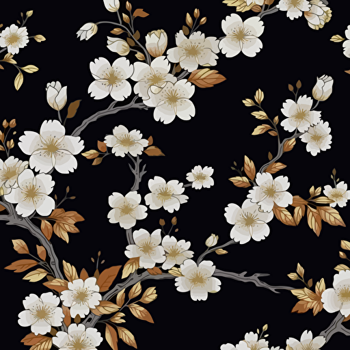 vector art, black backround, white japanese sakura flowers