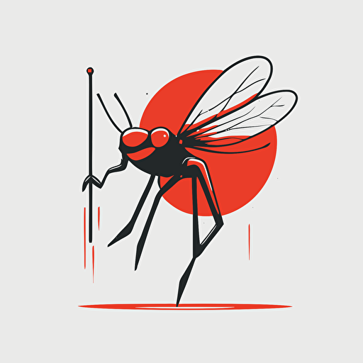 vector art logo of housefly with legs holding thin pole. Red palette. Minimal style.