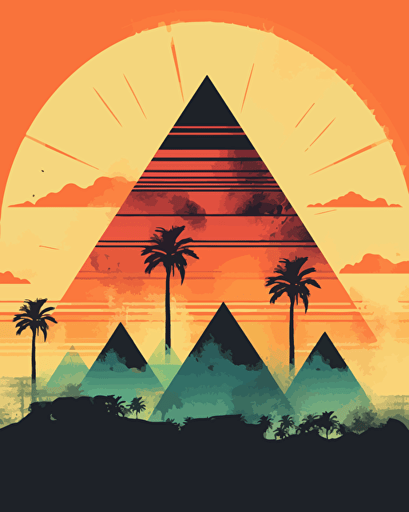 pyramids, retro aesthetics, vector image, sticker design, pantone color scheme: 12-1706 TCX, 12-0824 TCX, 15-0146 TCX, 15-1164 TCX, 16-6340 TCX, 17-4247 TCX, 18-2043 TCX, 19-6026 TCX. The final piece should exude a warm, holiday-like ambiance.