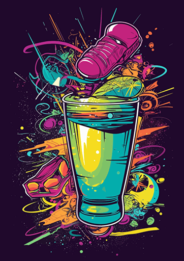 poster, A glass of cocktail go skateboarding, hypercolor, glide fast, drunk, cartoon, graffiti, vector, illustration