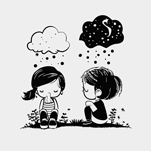 Illustrations of children happily thinking about the future, flat design,vector art, line drawing, black and white, simple and beautiful,
