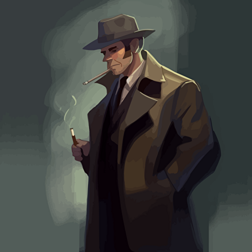 character concept art, trenchcoat, smoking man, lighting a cigarette, fedora hat, french man, vector art style