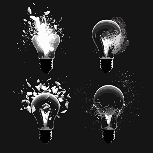 animation sequence of lightbulb exploding, black and white, simple vector, black background