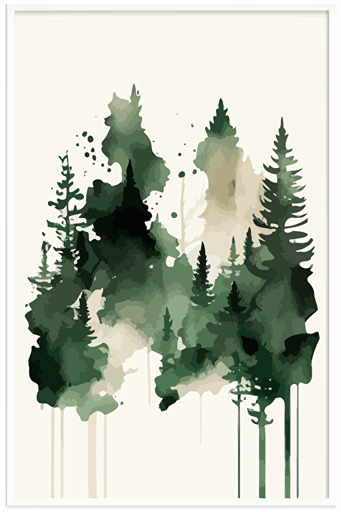 Forest green and beige watercolour abstract landscape art, Minimalist, vector, contour