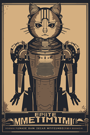 fritz lang metropolis movie female robot but as a cute cat, symmetrical, vector, simplified stream lined decopunk art deco design, 1920s retro scifi poster