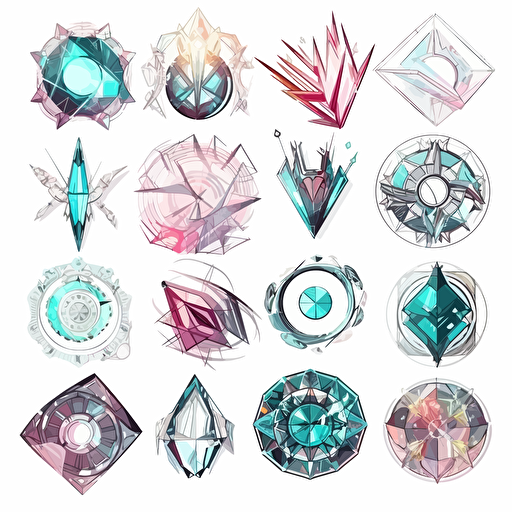 Collection of futuristic cut jewels, cyber punk, translucent, shiny object, high detail, symmetrical, vector, cartoon, white background