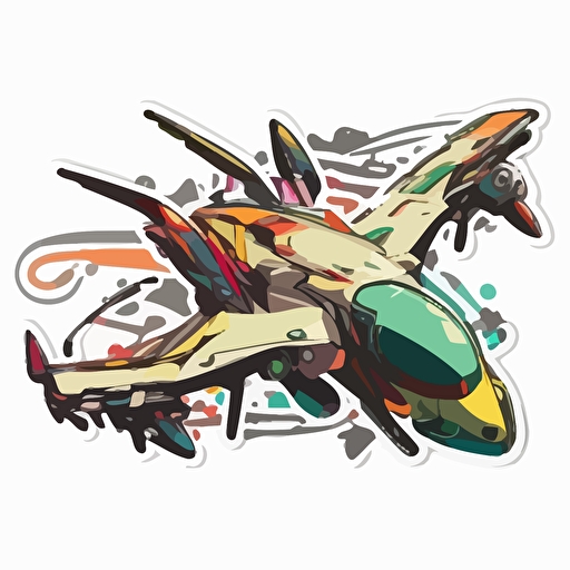 sticker, colorful battle drone flying, contour, vector, white background
