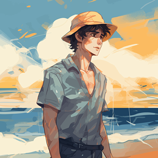 a muscular man 21 years old wearing shorts and a bucket hat, thougtful expression, approaching us along a lonely beach by the sea, summertime, vector:: oilpaints style, watercolors, colored inks style, style of bruce weber, makoto shinkai, robert mapplethorpe, leonid afremov, jojo's bizarre adventure