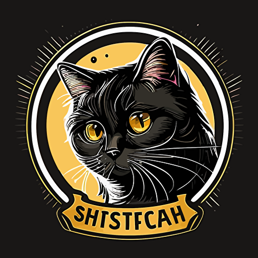 cat pet shop logo, brishtish short hair black golden cat, big round eyes, has a name tag, lovely cute cat, cirble background, vector art style