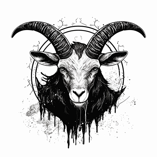 flat vector, logo, black and white, ink style, black moon, goat eye, moon, three black tears