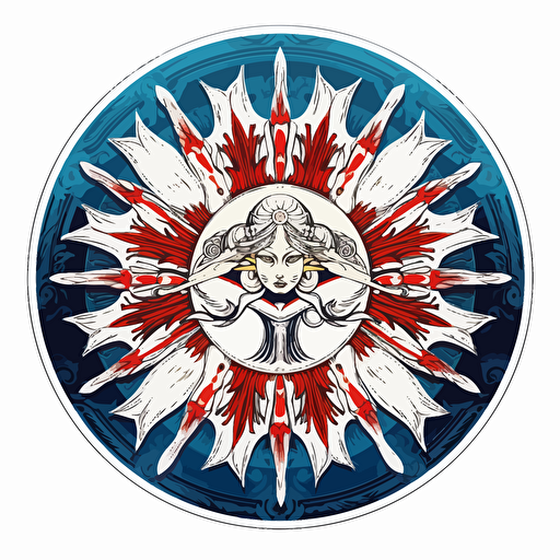 Vector 2d Spade Star creative design style of Japanese anime art comic with great detail and incredible artistic perception of a disc, Alphonse Mucha detailing and style edge. circle with a white background, edge frame has amazing design detail with blue white red vivid contrast flying disc frisbee ethereal