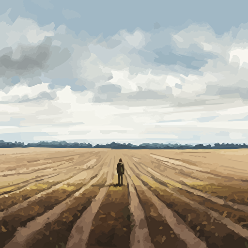 wide shot, person on empty field, oilpainting, minimalist, high detail, vector